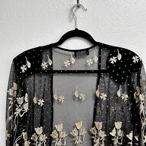 VTG 90s Vonda D’s Black Cream Floral Sheer Mesh Jacket Open Front Beaded Size L - Picture 9 of 12